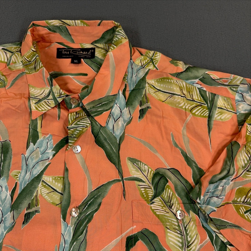 Tori Richard Mens XL Aloha Shirt Peach Tropical Ginger Flower Viscose